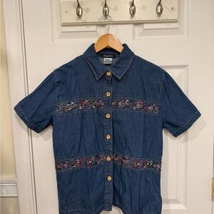 Denim Short Sleeve Shirt with Embroidered Details